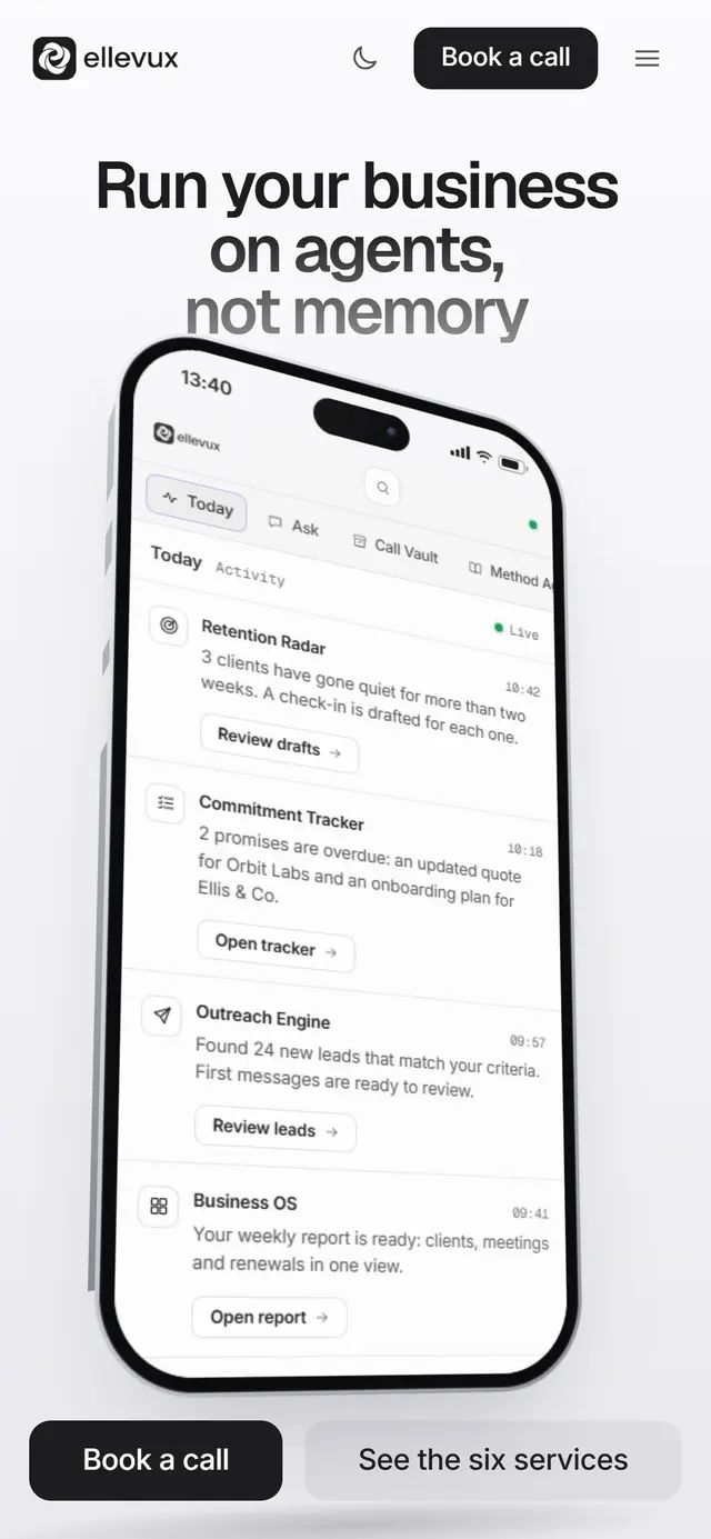 The Ellevux agentic systems product site on a phone, built for a partner team.