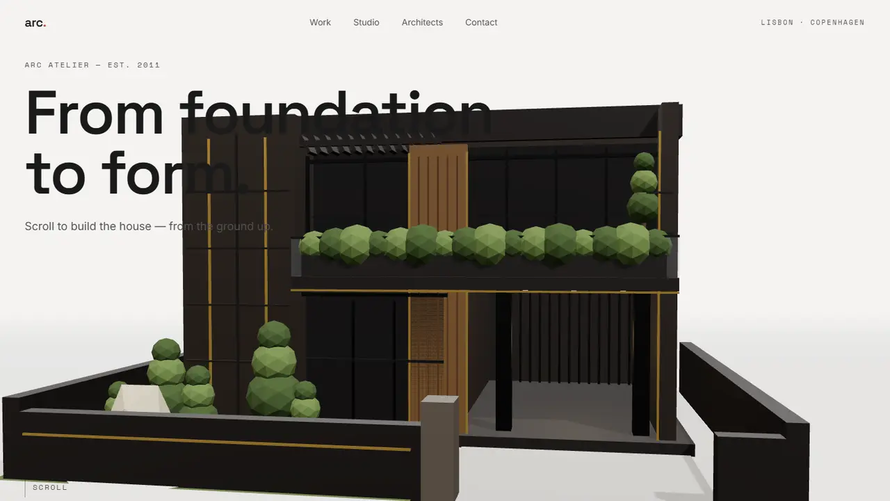 ARC, a low-poly 3D house built as you scroll.
