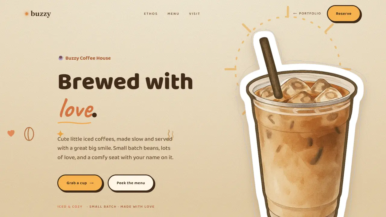 Buzzy, an illustrated comic coffee house site on cream paper.