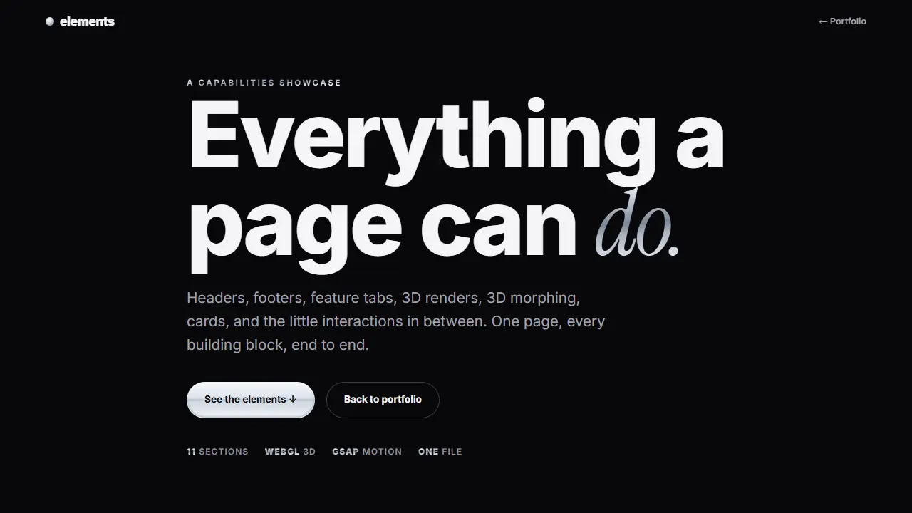 Elements, a dark interface and motion reference with eleven sections.