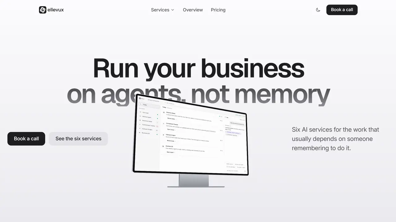 The product site for a six service agentic platform, built for a partner team.